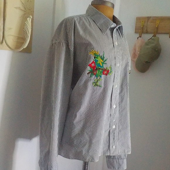 Black/White Stripe Blouse w/Colorful Appliqued Parrots - Picture 3 of 9